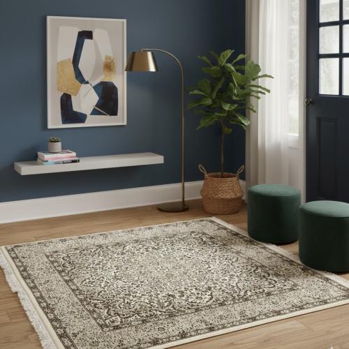 5'0 x 5'0 Hand Knotted Cream & Brown Kirman Wool Square Rug