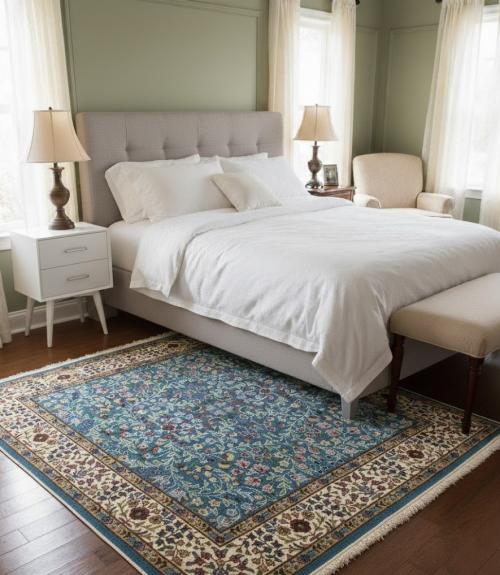 Teal Blue Floral Kirman 5X5 Oriental Square Rug