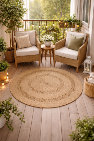 3'11 X 3'11 Hand-Woven Braided Jute Modern Wool Round Rug