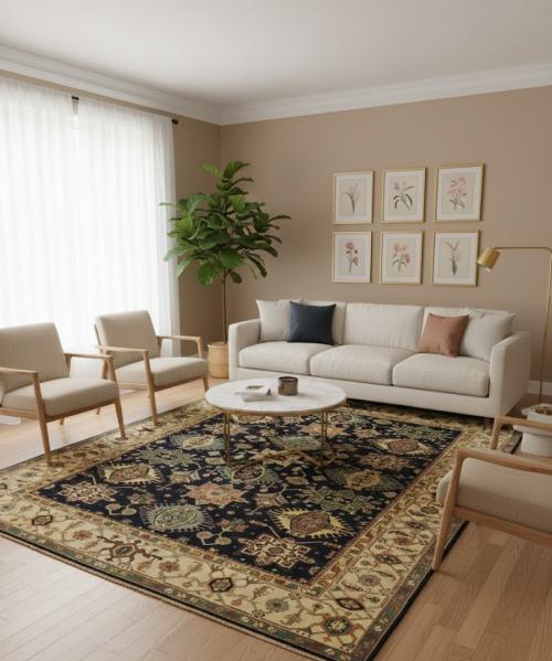 Navy & Cream Tribal Geometric 8X10 Indo-Karajeh Oriental Rug