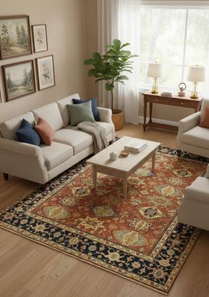 Rust & Dark Navy Geometric Tribal 9X12 Indo-Karajeh Oriental Rug