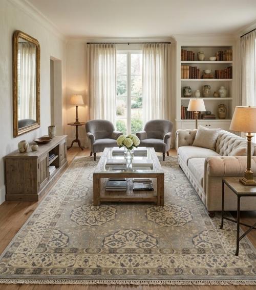 8'1 X 9'10 Oushak Chobi Hand Knotted Gray Floral Wool Rug