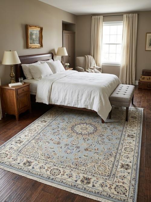 4'11 X 7'0 Indo-Nain Light Blue Hand knotted Floral Wool Rug