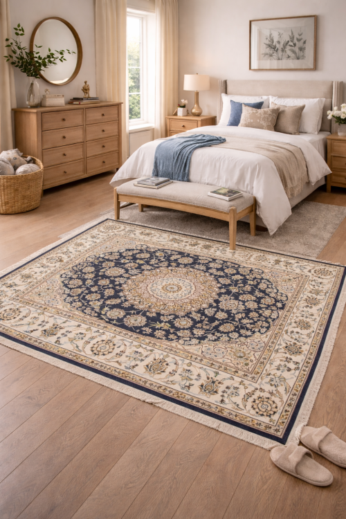 Dark Navy Classic Floral 5'5X8 Indo-Nain Oriental Rug