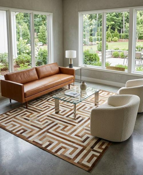 Brown Beige Cowhide 8X10 Modern Leather Rug
