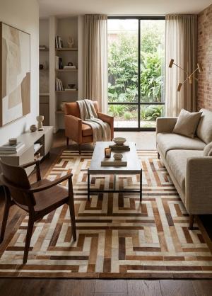 Brown Beige Cowhide 5X8 Modern Leather Rug