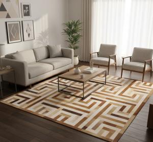 Brown Beige Cowhide 6X6 Modern Leather Square Rug