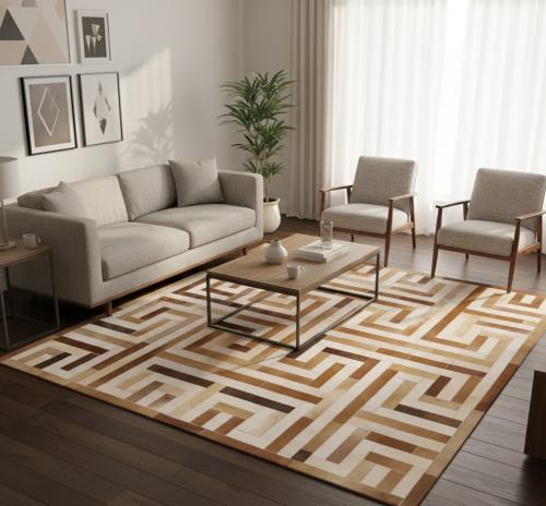 Brown Beige Cowhide 6X6 Modern Leather Square Rug