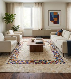 8'0 X 10'0 Beige Hand Crafted Cowhide Modern Leather Rug