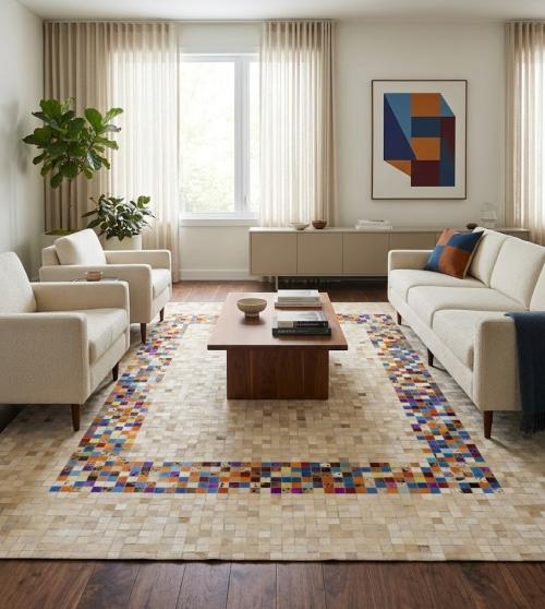 8'0 X 10'0 Beige Hand Crafted Cowhide Modern Leather Rug