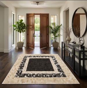 Black Beige Cowhide 6X6 Modern Leather Square Rug