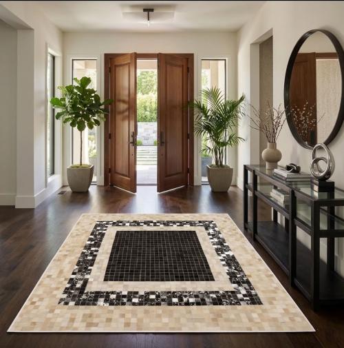 Black Beige Cowhide 6X6 Modern Leather Square Rug