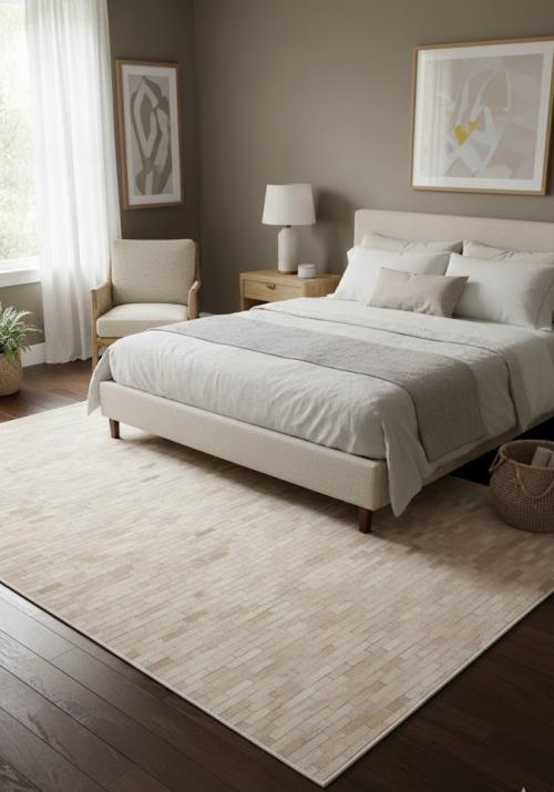 Beige Cream Cowhide 5X8 Modern Leather Rug