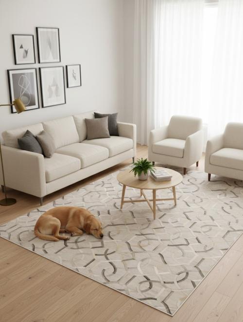 Silver Gray Cowhide 8X10 Modern Leather Rug