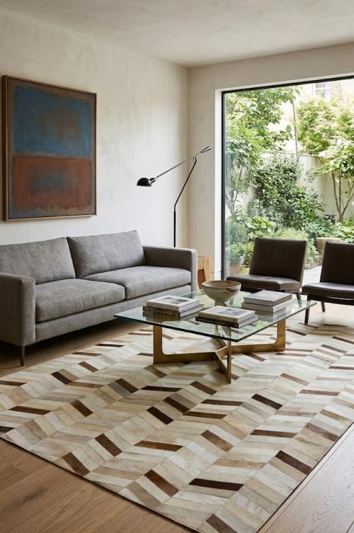 Brown Ivory Cowhide 8X10 Modern  Leather Rug