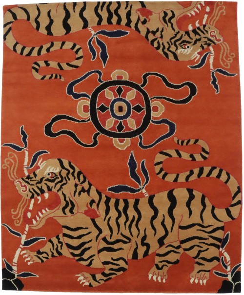 Tiger Orange Pictorial Tribal 8X10 Fine Nepali Oriental Rug
