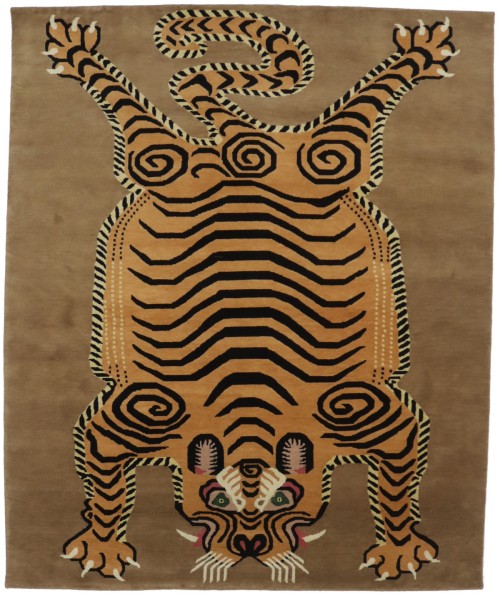 Tiger Khaki Tribal Pictorial 8X10 Fine Nepali Oriental Rug