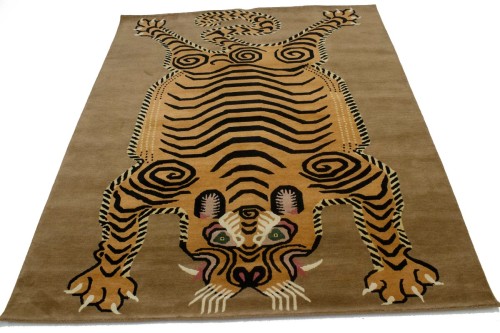 Tiger Khaki Tribal Pictorial 8X10 Fine Nepali Oriental Rug