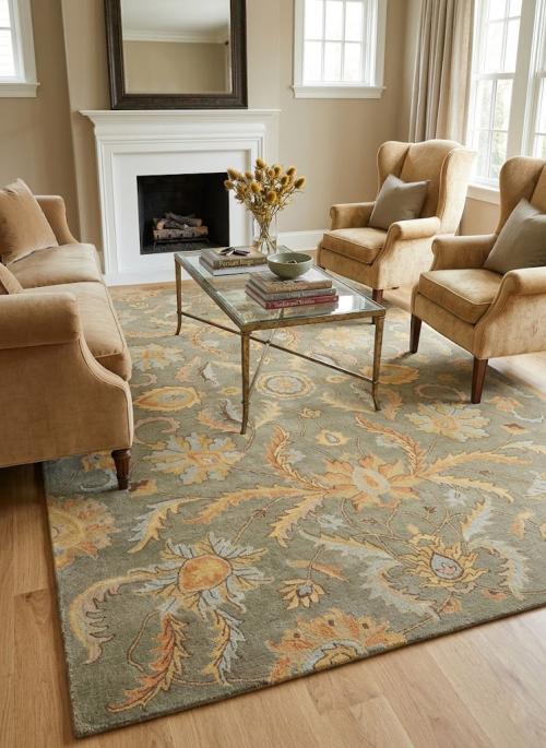 Tan Floral Modern 8X11 Oriental Hand-Tufted Rug