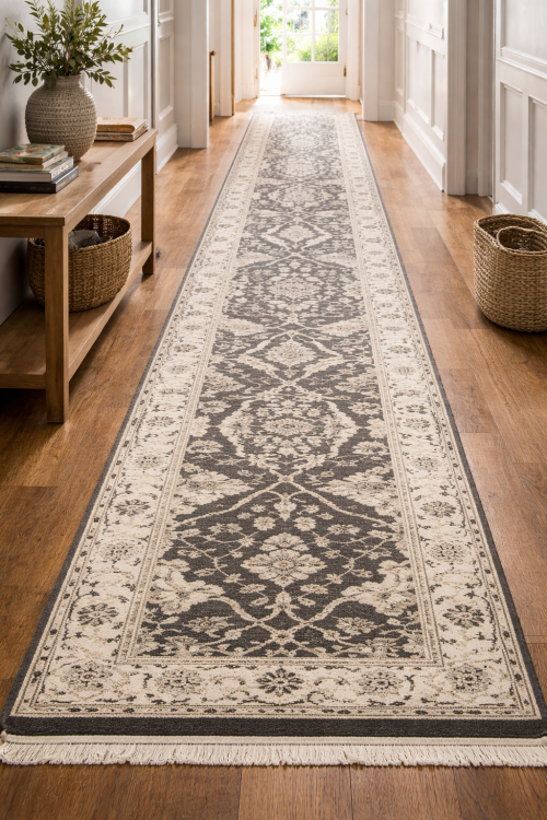 Charcoal Brown Floral 3X20 Oushak Oriental Runner Rug