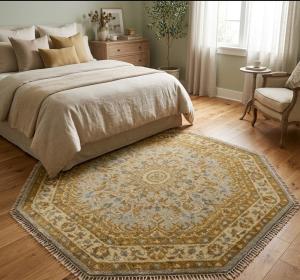 Tan & Gold Floral 6X6 Oushak Oriental Octagon Rug