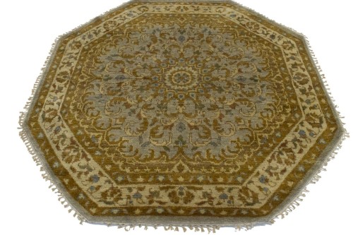Tan & Gold Floral 6X6 Oushak Oriental Octagon  Rug