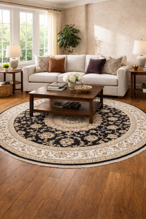 5'9 X 5'9 Indo-Nain Hand Knotted Navy Oriental Wool Round Rug
