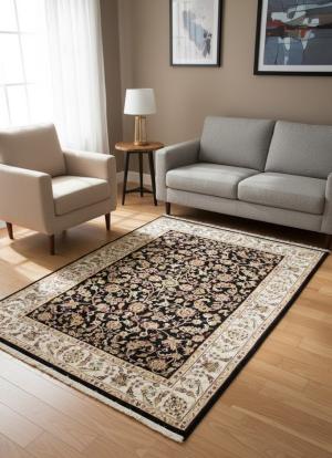 4'1 X 6'0 Floral Dark Navy Hand Knotted Indo-Nain Wool Rug