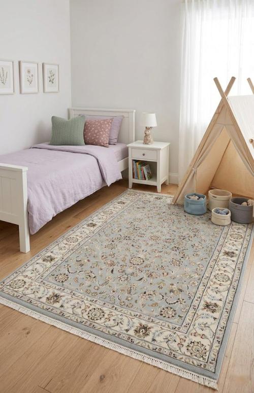 Light Blue Floral 4X6 Indo-Nain Oriental Rug