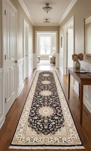 2'9 X 10'4 Hand Knotted Indo-Nain Navy Floral Wool Runner Rug