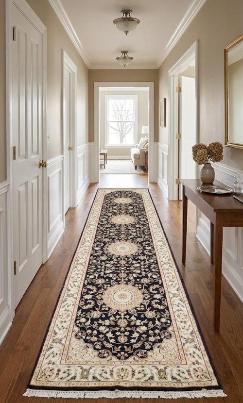 2'9 X 10'4 Hand Knotted Indo-Nain Navy Floral Wool Runner Rug
