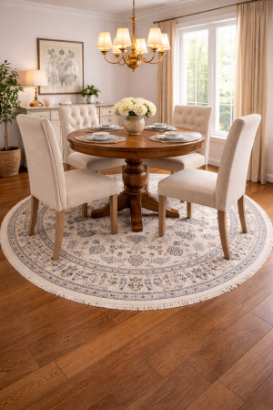 6'0 X 6'2 Hand knotted Cream & Blue Indo-Nain Wool Round Rug