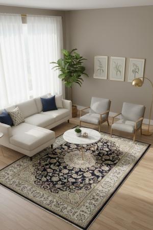 5'10 X 9'2 Hand Knotted Navy & Cream Indo-Nain Wool Rug