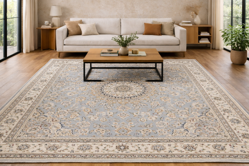 Light Blue Floral 6'3X9'7 Indo-Nain Oriental Rug