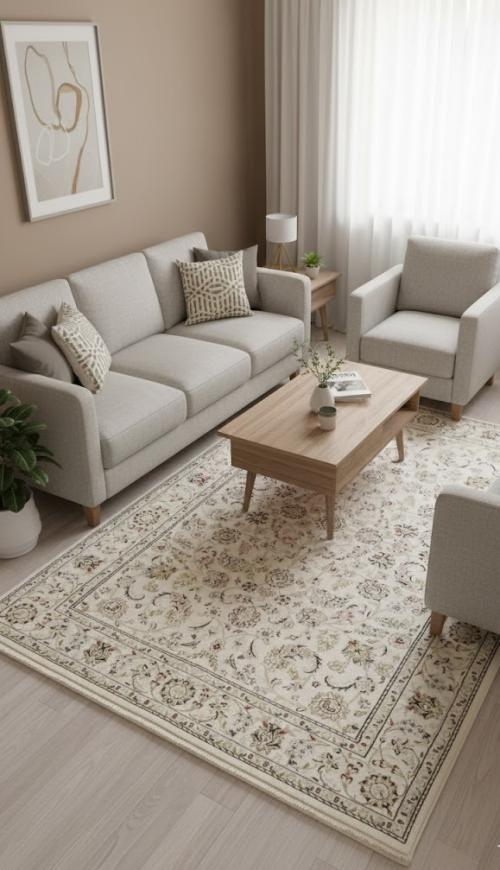 5'9 X 9'0 Indo-Nain Hand Knotted Cream& Blue Floral Wool Rug