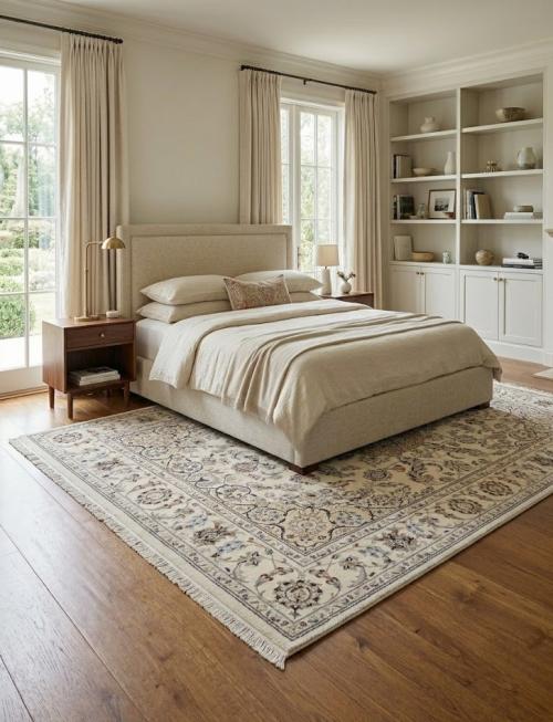 5'11 X 9'1 Floral Hand Knotted Cream Indo-Nain Wool Rug