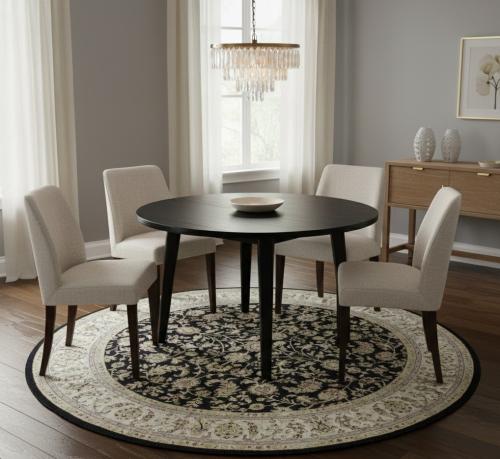 6'11 X 6'11 Navy & Cream Hand Knotted Indo-Nain Wool Round Rug