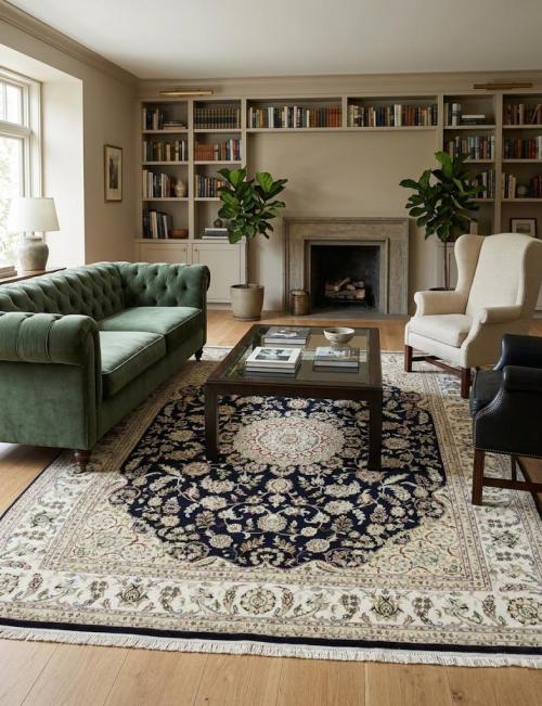 7'11 X 10'3 Hand Knotted Indo-Nain Navy & Cream Wool Rug