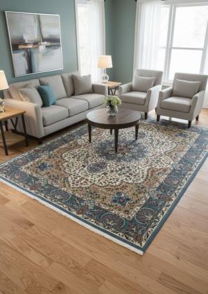 6'6 X 9'4 Cream Floral Kirman Oriental Hand Knotted Wool Rug