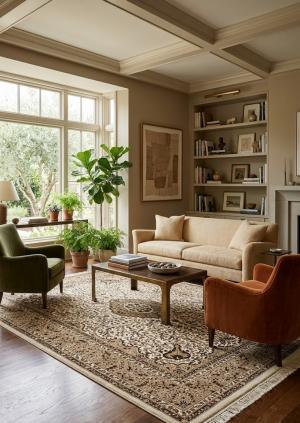 6'7 X 9'0 Hand Knotted Cream & Brown Floral Kirman Wool Rug