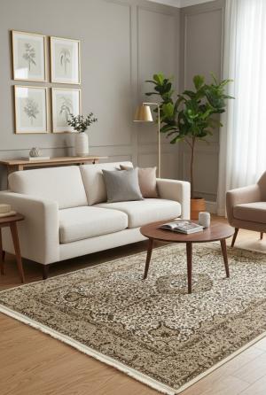 5'9 X 7'8 Hand Knotted Kirman Cream & Brown Floral Wool Rug