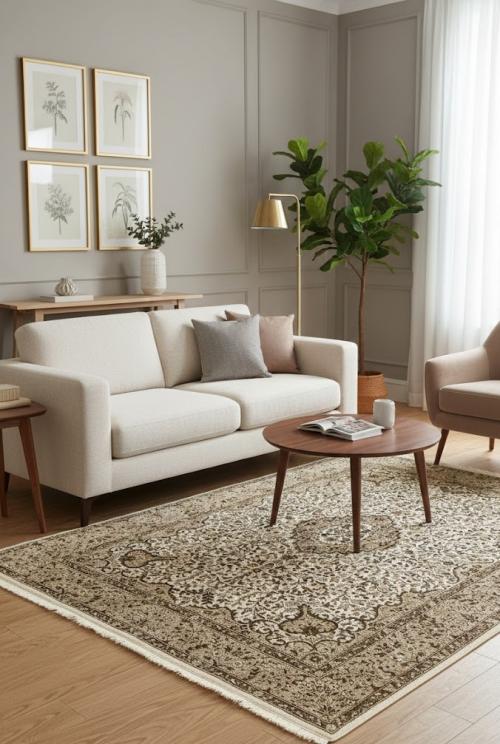 5'9 X 7'8 Hand Knotted Kirman Cream & Brown Floral Wool Rug