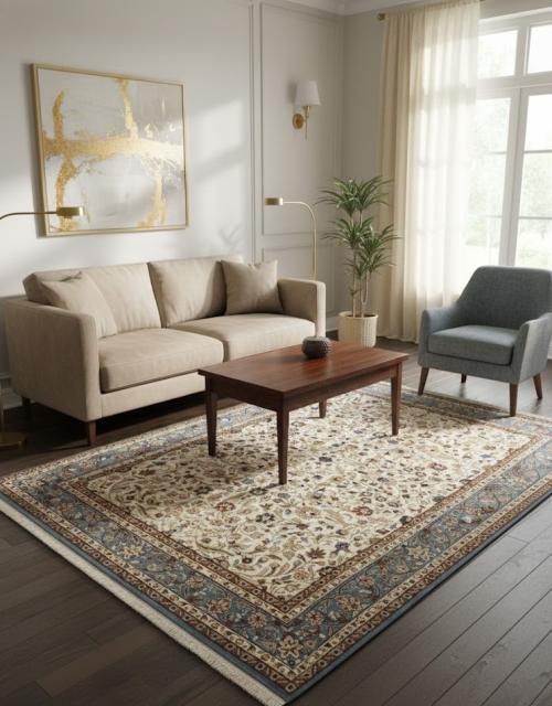 Cream Floral Kirman 5'7X7'6 Oriental Rug