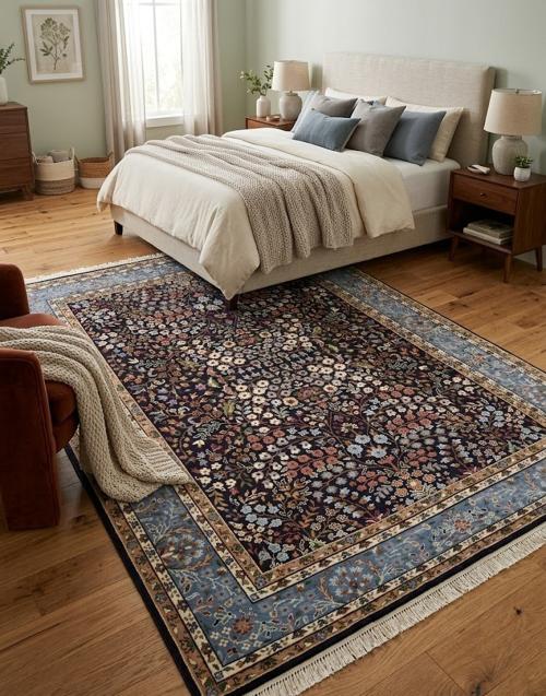 Navy Blue Floral Kirman 6X8 Oriental Rug