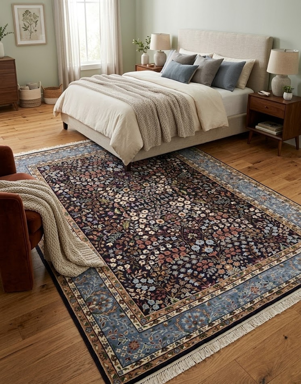 Navy Blue Floral Kirman 6X8 Oriental Rug - Image 2