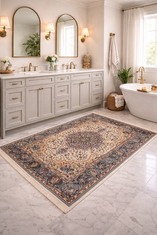 4'0 x 5'11 Kirman Cream Hand Knotted Floral Kirman Wool Rug