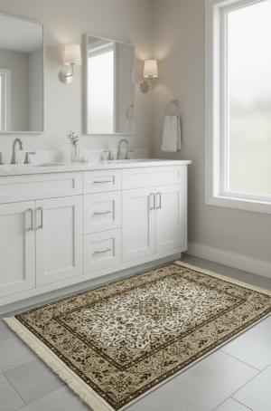 2'8 X 3'10 Floral Cream Kirman Hand Knotted Oriental Wool Rug