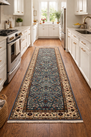 Teal Blue Floral Kirman 3X10 Oriental Runner Rug