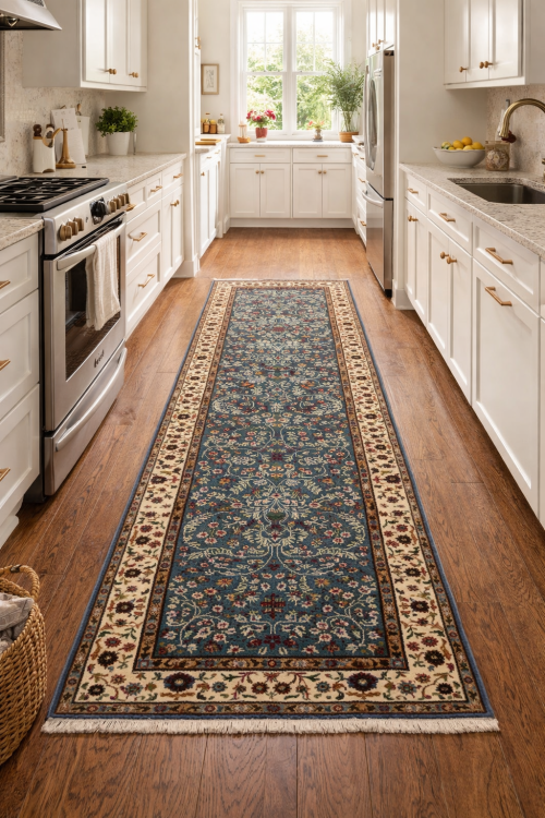 Teal Blue Floral Kirman 3X10 Oriental Runner Rug