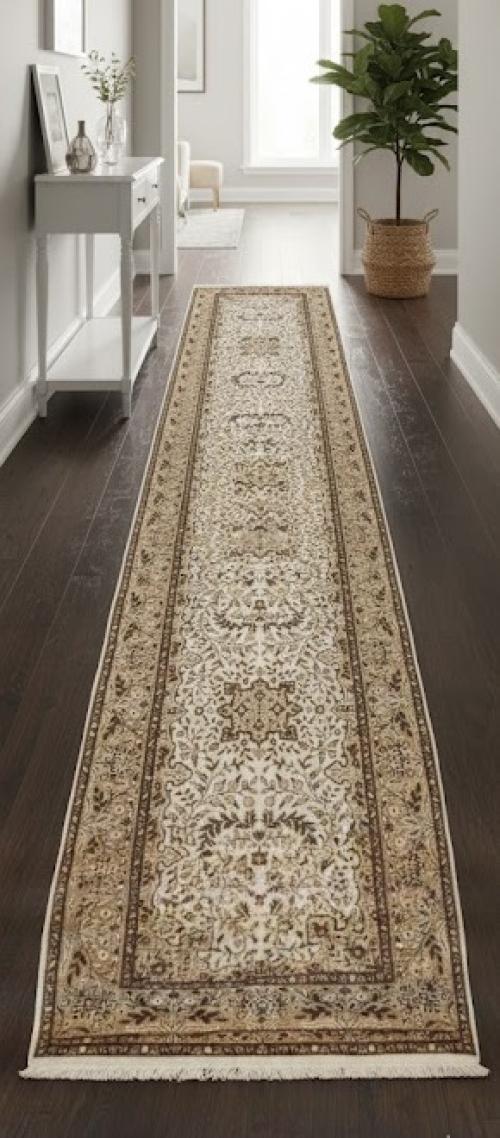 2'8 X 9'9 Cream Floral Hand Knotted Kirman Wool Runner Rug